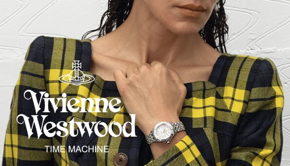 Woman wearing a silver Vivienne Westwood watch and tartan dress, with the Vivienne Westwood Time Machine logo in the background